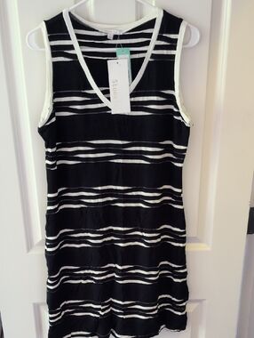 V-Neck Sleeveless Maxi Dress - Black & White Stripe